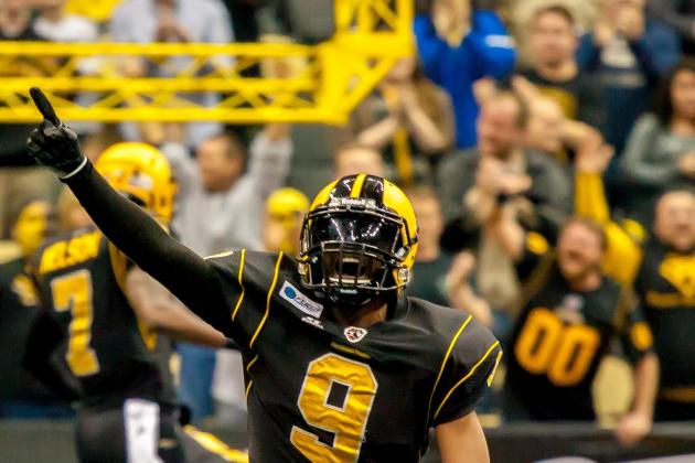 Pittsburgh Power cornerback Sergio Gilliam celebrates an early interception Mar. 29, 2014 at CONSOL Energy Center vs. the San Jose SaberCats.