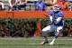 Demarcus Robinson catches a kickoff during a spring NCAA college football practice/scrimmage, Saturday, April 6, 2013, in Gainesville, Fla. (AP Photo/John Raoux)