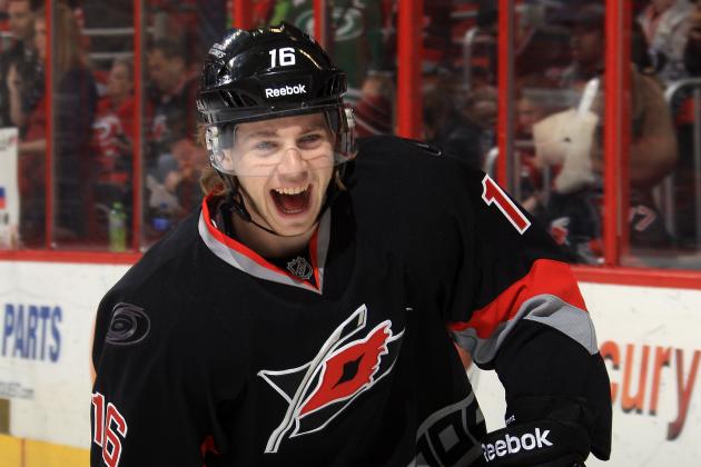 RALEIGH, NC - FEBRUARY 07:  Elias Lindholm #16 of the Carolina Hurricanes participates in warmups prior to an NHL game against the Florida Panthers at PNC Arena on February 7, 2014 in Raleigh, North Carolina. This is the first of back-to-back games the Hurricanes have at home prior to the Olympic break. (Photo by Gregg Forwerck/NHLI via Getty Images)
