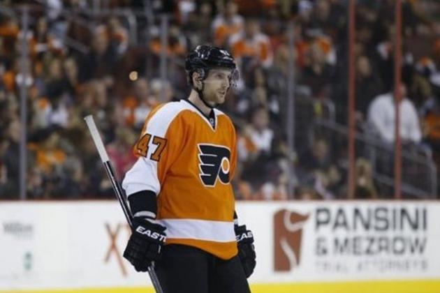 Philadelphia Flyers' Andrew MacDonald in action during an NHL hockey game against the Dallas Stars, Thursday, March 20, 2014, in Philadelphia. (AP Photo/Matt Slocum)