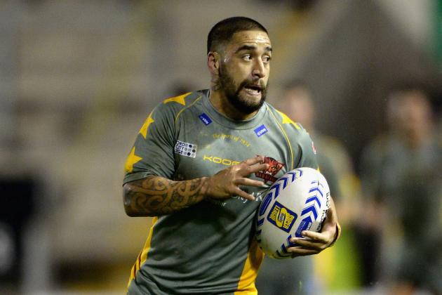 WARRINGTON, ENGLAND - FEBRUARY 05:  Rangi Chase of Salford Red Devils in action during the pre season match between Warrington Wolves and Salford Red Devils at Halliwell Jones Stadium on February 5, 2014 in Warrington, England.  (Photo by Gareth Copley/Getty Images)