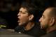 Nick Diaz, left, cheers on his brother Nate Diaz during a UFC lightweight mixed martial arts fight between Nate Diaz and Josh Thomson in San Jose, Calif., Saturday, April 20, 2013. Thomson won by technical knock out in the second round. (AP Photo/Jeff Chiu)