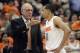 Syracuse head coach Jim Boeheim talks to Tyler Ennis during the second half against St. Francis in an NCAA college basketball game in Syracuse, N.Y., Monday, Nov. 18, 2013. Syracuse won 56-50. (AP Photo/Kevin Rivoli)