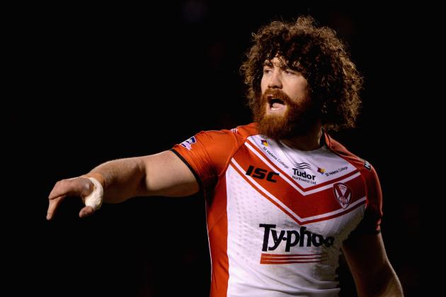 WARRINGTON, ENGLAND - FEBRUARY 13:  Kyle Amor of St Helens in action during the Super League match between Warrington Wolves and St Helens at The Halliwell Jones Stadium on February 13, 2014 in Warrington, England.  (Photo by Gareth Copley/Getty Images)