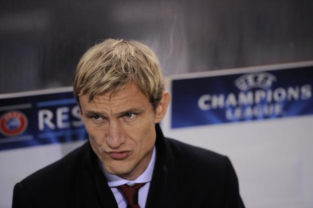 Leverkusen head coach Sami Hyypia, gestures during their Champions League Group A soccer match against Real Sociedad, at Anoeta stadium in San Sebastian, northern Spain on Tuesday, Dec. 10, 2013.  (AP Photo/Alvaro Barrientos)