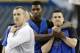 From left, Florida head coach Billy Donovan, forward Chris Walker, and guard Billy Donovan watch a drill during practice for their NCAA Final Four tournament college basketball semifinal game Friday, April 4, 2014, in Dallas. Florida plays Connecticut on Saturday, April 5, 2014. (AP Photo/David J. Phillip)