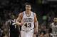 Boston Celtics center Kris Humphries (43) heads up court against the Brooklyn Nets during the second half of an NBA basketball game, Friday, March 7, 2014, in Boston. The Celtics defeated the Nets 91-84. (AP Photo/Charles Krupa)