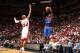 MIAMI, FL - APRIL 6: Iman Shumpert #21 of the New York Knicks shoots over Ray Allen #34 of the Miami Heat during a game on April 6, 2014 at American Airlines Arena in Miami, Florida. NOTE TO USER: User expressly acknowledges and agrees that, by downloading and or using this photograph, User is consenting to the terms and conditions of the Getty Images License Agreement. Mandatory Copyright Notice: Copyright 2014 NBAE (Photo by Nathaniel S. Butler/NBAE via Getty Images)