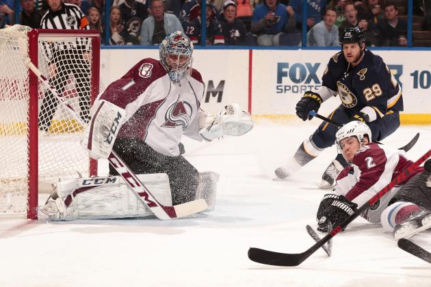 ST. LOUIS, MO - APRIL 05: Semyon Varlamov #1 of the Colorado Avalanche defends the net against the St. Louis Blues during an NHL game on April 5, 2014 at Scottrade Center in St. Louis, Missouri. (Photo by Mark Buckner/NHLI via Getty Images)