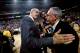 PHILADELPHIA - 2001: Rick Fox #17 and Head Coach Phil Jackson of the Los Angeles Lakers talks to Head Coach Larry Brown of the Philadelphia 76ers after the game circa 2001 in Philadelphia, Pennsylvania. NOTE TO USER: User expressly acknowledges and agrees that, by downloading and/or using this Photograph, User is consenting to the terms and conditions of the Getty Images License Agreement. Mandatory Copyright Notice: Copyright 2001 NBAE. (Photo by Andrew D. Bernstein/NBAE via Getty Images)