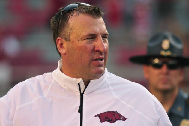 Arkansas coach Bret Bielema wayches from the sidelines during the second half of an NCAA college football game against Louisiana-Lafayette in Fayetteville, Ark., Saturday, Aug. 31, 2013. Arkansas defeated Louisiana-Lafayette 34-14. (AP Photo/April L Brown)