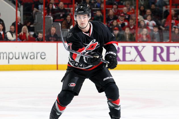 RALEIGH, NC - DECEMBER 31:  Ryan Murphy #7 of the Carolina Hurricanes skates against the Montreal Canadiens at PNC Arena on December 31, 2013 in Raleigh, North Carolina.  (Photo by Gregg Forwerck/NHLI via Getty Images)