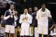 Nov 11, 2013; Indianapolis, IN, USA; Indiana Pacers from left to right forward David West, guard George Hill, guard Lance Stephenson, forward Paul George, and center Roy Hibbert watch the Pacers extend their winning streak to 8-0 against the Memphis Grizzlies at Bankers Life Fieldhouse. Indiana defeats Memphis 95-79. Mandatory Credit: Brian Spurlock-USA TODAY Sports