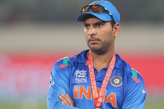 DHAKA, BANGLADESH - APRIL 06: Yuvraj Singh of India looks on during the presentations after the Final of the ICC World Twenty20 Bangladesh 2014 between India and Sri Lanka at Sher-e-Bangla Mirpur Stadium on April 4, 2014 in Dhaka, Bangladesh. (Photo by Scott Barbour/Getty Images)