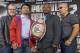 From left, trainer Freddie Roach and Manny Pacquiao, of the Philippines, and Tim Bradley and his trainer Joel Diaz pose at a news conference to promote their upcoming WBO welterweight championship boxing rematch, Pacquiao Bradley 2, in Beverly Hills, Calif., Tuesday, Feb. 4, 2014. Pacquiao and Bradley's first match on June 9, 2012 was a split decision in favor of Bradley, which ended Pacquiao's welterweight title reign as well as his seven-year, 15-bout winning streak. Pacquiao vs. Bradley 2 will take place Saturday, April 12, 2014, in Las Vegas. (AP Photo/Reed Saxon)