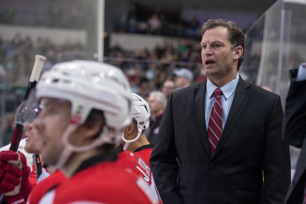 Feb 27, 2014; Dallas, TX, USA; Carolina Hurricanes head coach Kirk Muller watches his team take on the Dallas Stars during the third period at the American Airlines Center. The Stars defeated the Hurricanes 4-1. Mandatory Credit: Jerome Miron-USA TODAY Sports