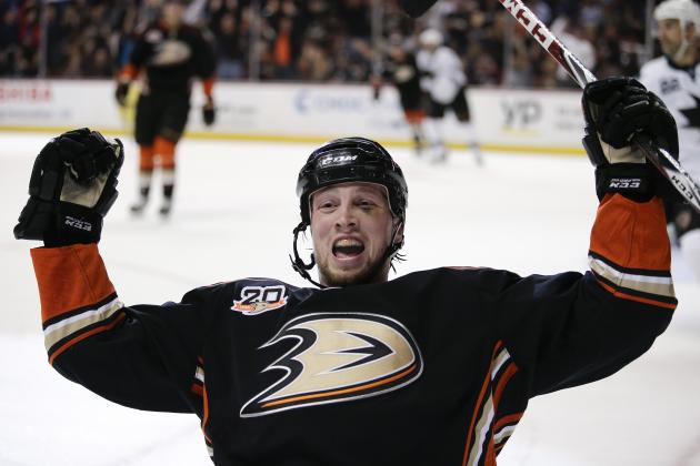 Anaheim Ducks' Matt Beleskey celebrates his goal during the second period of an NHL hockey game against the San Jose Sharks on Wednesday, April 9, 2014, in Anaheim, Calif. (AP Photo/Jae C. Hong)