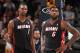 DENVER, CO - DECEMBER 30: Chris Bosh #1 and LeBron James #6 of the Miami Heat look on against the Denver Nuggets on December 30, 2013 at the Pepsi Center in Denver, Colorado. NOTE TO USER: User expressly acknowledges and agrees that, by downloading and/or using this Photograph, user is consenting to the terms and conditions of the Getty Images License Agreement. Mandatory Copyright Notice: Copyright 2013 NBAE (Photo by Garrett W. Ellwood/NBAE via Getty Images)