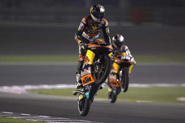 DOHA, QATAR - MARCH 23:  Jack Miller of Australia and Red Bull KTM Ajo  celebrates the victory (his first victory) at the end of the Moto3 race during the MotoGp of Qatar - Race at Losail Circuit on March 23, 2014 in Doha, Qatar.  (Photo by Mirco Lazzari gp/Getty Images)