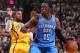 Indianapolis, IN - APRIL 13: Reggie Jackson #15 of the Oklahoma City Thunder handles the ball against the Indiana Pacers on April 13, 2014 at the Bankers Life Fieldhouse in Indianapolis, Indiana. NOTE TO USER: User expressly acknowledges and agrees that, by downloading and/or using this photograph, user is consenting to the terms and conditions of the Getty Images License Agreement. Mandatory Copyright Notice: Copyright 2014 NBAE (Photo by Gary Dineen/NBAE via Getty Images)