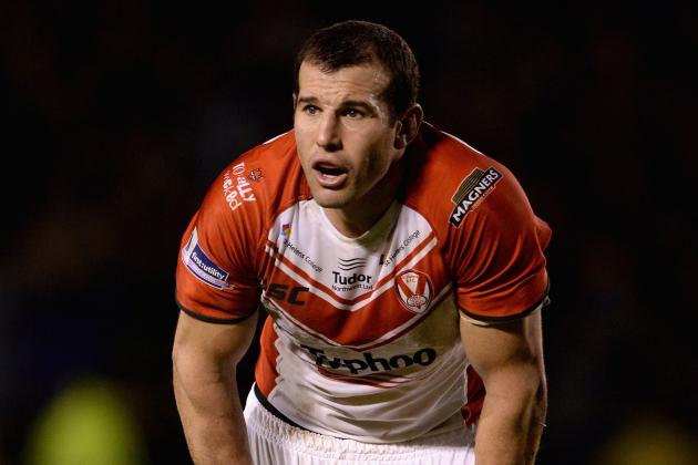 WARRINGTON, ENGLAND - FEBRUARY 13: Anthony Laffranchi of St Helens in action during the Super League match between Warrington Wolves and St Helens at The Halliwell Jones Stadium on February 13, 2014 in Warrington, England. (Photo by Gareth Copley/Getty Images)
