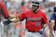 Minnesota Twins' Josmil Pinto (43) is greeted after hitting a three-run home run during the seventh inning of an exhibition baseball game against the Boston Red Sox in Fort Myers, Fla., Saturday, March 29, 2014. (AP Photo/Gerald Herbert)