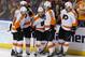 Apr 8, 2014; Sunrise, FL, USA; Philadelphia Flyers center Claude Giroux (28) celebrates his goal against the Florida Panthers with defenseman Luke Schenn (22) with right wing Matt Read (24) defenseman Nicklas Grossmann (8)and right wing Jakub Voracek (93) in the second period at BB&T Center. Mandatory Credit: Robert Mayer-USA TODAY Sports