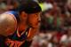 MIAMI, FL - April 6: Carmelo Anthony #7 of the New York Knicks looks on while on the court during the game against the Miami Heat at the American Airlines Arena in Miami, Florida on April 6, 2014. NOTE TO USER: User expressly acknowledges and agrees that, by downloading and/or using this photograph, user is consenting to the terms and conditions of the Getty Images License Agreement. Mandatory copyright notice: Copyright NBAE 2014 (Photo by Issac Baldizon/NBAE via Getty Images)