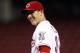 Apr 14, 2014; Cincinnati, OH, USA; Cincinnati Reds starting pitcher Homer Bailey (34) reacts to a call during the first inning against the Pittsburgh Pirates at Great American Ball Park. Mandatory Credit: Frank Victores-USA TODAY Sports