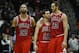 Chicago Bulls from left: Chicago Bulls power forward Taj Gibson (22), Chicago Bulls shooting guard Kirk Hinrich (12) ans Chicago Bulls center Joakim Noah (13) in the second half of an NBA basketball game Tuesday, Feb. 25, 2014, in Atlanta. Chicago won 107-103. (AP Photo/John Bazemore)