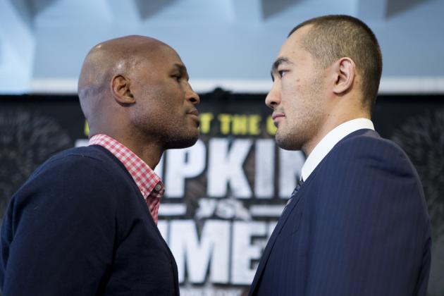 IBF Light Heavyweight World Champion Bernard Hopkins, left, and WBA and IBA Light Heavyweight Champion Beibut Shumenov of Kazakhstan, pose face to face during a news conference in Washington, Tuesday, March 11, 2014, announcing their Light Heavyweight World Championship unification bout to be held at the DC Armory in Washington on April 19, 2014.  (AP Photo/Manuel Balce Ceneta)