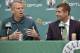 Boston Celtics general manager Danny Ainge, left, speaks alongside new head coach Brad Stevens, right, during a news conference where Stevens was introduced Friday, July 5, 2013, at the NBA basketball team's training facility in Waltham, Mass. Stevens twice led the Butler Bulldogs to the NCAA title game. He replaces Doc Rivers, who was traded to the Los Angeles Clippers. (AP Photo/Josh Reynolds)