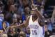 Oklahoma City Thunder forward Kevin Durant gestures following a basket in the first quarter of an NBA basketball game against the Detroit Pistons in Oklahoma City, Wednesday, April 16, 2014. (AP Photo/Sue Ogrocki)