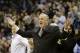 Minnesota Timberwolves head coach Rick Adelman questions a call during overtime of an NBA basketball game against the Utah Jazz in Minneapolis, Wednesday, April 16, 2014. The Jazz won 136-130 in double overtime. (AP Photo/Ann Heisenfelt)