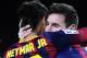 FC Barcelona's Lionel Messi, from Argentina, right, reacts after scoring with his teammate Neymar, from Brazil, during a Spanish La Liga soccer match against Celta Vigo at the Camp Nou stadium in Barcelona, Spain, Wednesday, March 26, 2014. (AP Photo/Manu Fernandez)