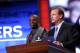 Former Atlanta Falcons defensive back Deion Sanders, left, is introduced by NFL football commissioner Roger Goodell before announcing Atlanta's second-round pick, the 60th overall, during the draft on Friday, April 26, 2013, at Radio City Music Hall in New York. (AP Photo/Jason DeCrow)