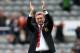 Manchester United's David Moyes celebrates his victory over Newcastle United at the end of their English Premier League soccer match at St James' Park, Newcastle, England, Saturday, April 5, 2014. (AP Photo/Scott Heppell)