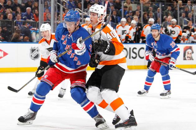 NEW YORK, NY - APRIL 17: Ryan McDonagh #27 of the New York Rangers skates against Vincent Lecavalier #40 of the Philadelphia Flyers in Game One of the First Round of the 2014 Stanley Cup Playoffs at Madison Square Garden on April 17, 2014 in New York City. (Photo by Scott Levy/NHLI via Getty Images)