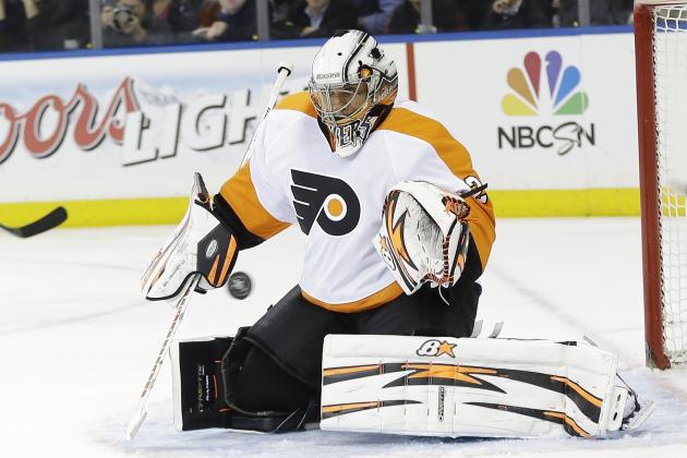 Philadelphia Flyers goalie Ray Emery stops a shot on goal during the second period against the New York Rangers in Game 1 of an NHL hockey first-round playoff series on Thursday, April 17, 2014, in New York. (AP Photo/Frank Franklin II)