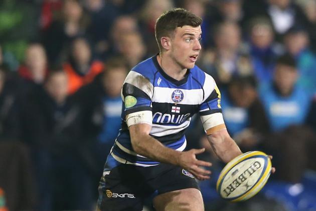 BATH, ENGLAND - MARCH 28:  George Ford of Bath passes the ball during the Aviva Premiership match between Bath and Sale Sharks at the Recreation Ground on March 28, 2014 in Bath, England.  (Photo by David Rogers/Getty Images)