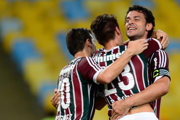 RIO DE JANEIRO, BRAZIL - APRIL 19: (L-R) Wagner, Rafael Sobis and Fred of Fluminense celebrate a scored goal against Figueirense during a match between Fluminense and Figueirense as part of Brasileirao Series A 2014  at Maracana Stadium on April 19, 2014 in Rio de Janeiro, Brazil. (Photo by Buda Mendes/Getty Images)