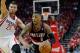HOUSTON, TX - APRIL 20: Damian Lillard #0 of the Portland Trail Blazers dribbles around Chandler Parsons #25 of the Houston Rockets in Game One of the Western Conference Quarterfinals during the 2014 NBA Playoffs at the Toyota Center on April 20, 2014 in Houston, Texas. NOTE TO USER: User expressly acknowledges and agrees that, by downloading and or using this photograph, User is consenting to the terms and conditions of the Getty Images License Agreement. (Photo by Bob Levey/Getty Images)