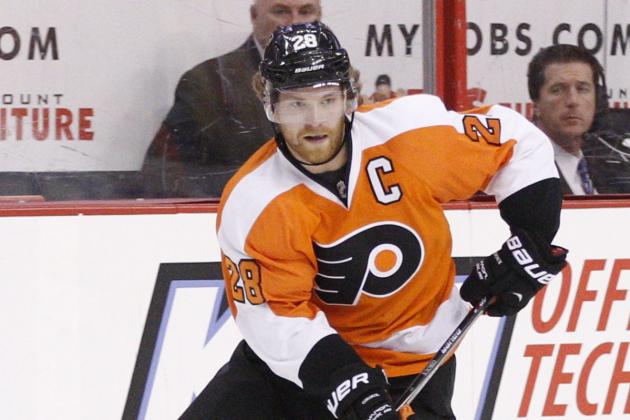 Philadelphia Flyers' Claude Giroux in action during the second period in Game 3 of an NHL hockey first-round playoff series against the New York Rangers, Tuesday, April 22, 2014, in Philadelphia. The Rangers won 4-1. (AP Photo/Chris Szagola)