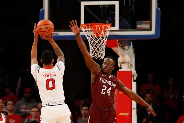 Dec 7, 2013; New York, NY, USA;  St. John's Red Storm guard Jamal Branch (0) shoots over Fordham Rams guard Bryan Smith (24) during the first half at Madison Square Garden. Mandatory Credit: Anthony Gruppuso-USA TODAY Sports