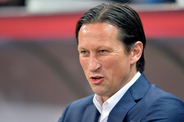 Salzburg head coach Roger Schmidt looks on prior to the Europa League round of 16 second leg soccer match between Red Bull Salzburg and FC Basel in Salzburg, Austria, on Thursday, March 20. 2014. (AP Photo/Kerstin Joensson)