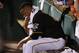 Pittsburgh Pirates starting pitcher Francisco Liriano (47) sits in the dugout in the eighth inning after being removed from a baseball game against the Cincinnati Reds in Pittsburgh Monday, April 21, 2014. The Pirates won 6-5. (AP Photo/Gene J. Puskar)