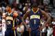 ATLANTA, GA - APRIL 24: Lance Stephenson #1 and Paul George #24 of the Indiana Pacers react in the final minutes of their 98-85 loss to the Atlanta Hawks in Game 3 of the Eastern Conference Quarterfinals during the 2014 NBA Playoffs at Philips Arena on April 24, 2014 in Atlanta, Georgia. NOTE TO USER: User expressly acknowledges and agrees that, by downloading and or using this photograph, User is consenting to the terms and conditions of the Getty Images License Agreement. (Photo by Kevin C. Cox/Getty Images)