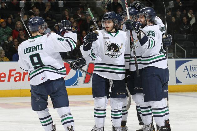 LONDON, ON - FEBRUARY 9:  Ryan Hartman #21 of the Plymouth Whalers celebrates his goal with his teammates against the London Knights during an OHL game at the Budweiser Gardens on February 9, 2014 in London, Ontario, Canada. The Knights defeated the Whalers 5-4. (Photo by Claus Andersen/Getty Images)