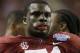 Alabama offensive linesman Cyrus Kouandjio (71) is pictured in the second half of an NCAA college football game against Virginia Tech in Atlanta Saturday, Aug. 31, 2013. Alabama beat Virginia Tech 35-10. (AP Photo/Dave Martin)