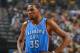 DALLAS, TX - APRIL 26: Kevin Durant #35 of the Oklahoma City Thunder during a game against the Memphis Grizzlies in Game Four of the Western Conference Quarterfinals during the 2014 NBA Playoffs on April 26, 2014 at the FedEx Forum in Memphis, TN. NOTE TO USER: User expressly acknowledges and agrees that, by downloading and/or using this Photograph, user is consenting to the terms and conditions of the Getty Images License Agreement. Mandatory Copyright Notice: Copyright 2013 NBAE (Photo by Jesse D. Garrabrant/NBAE via Getty Images)
